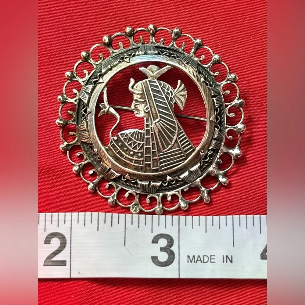 Vintage Silver Egyptian Revival Pin Brooch Pendant Filigree Nefertiti 2” 9g